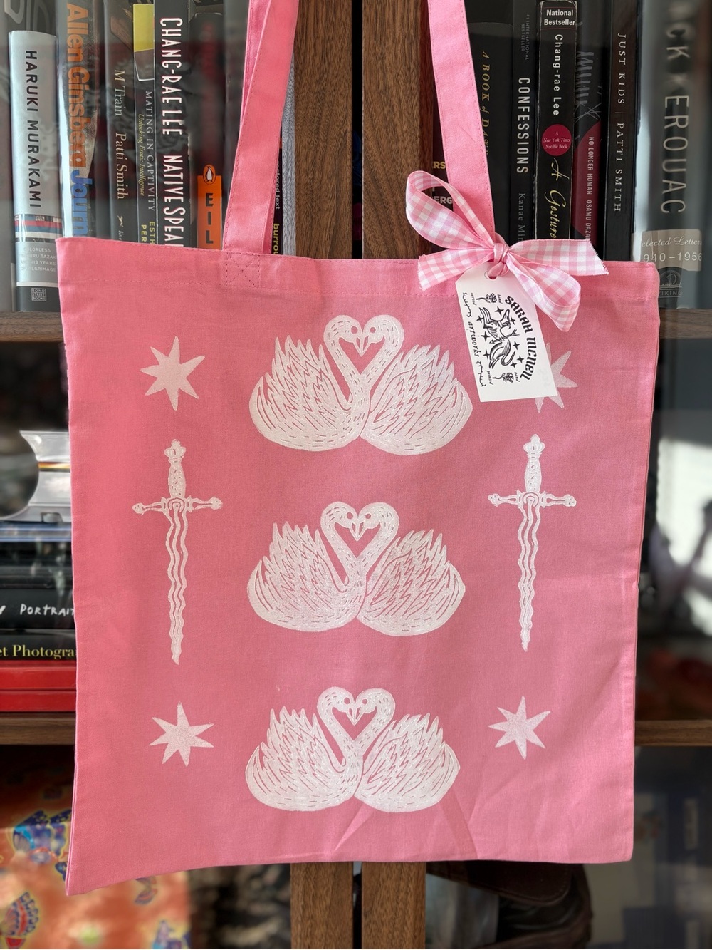 Pink Swan Print Tote Bag